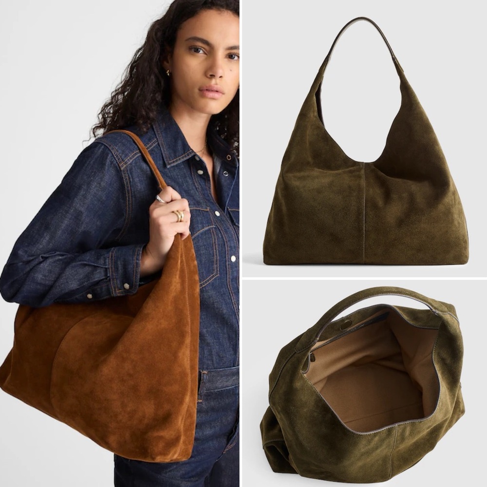 Madewell The Mylie Large Hobo Shoulder Bag in Italian Suede Dark Olive Green